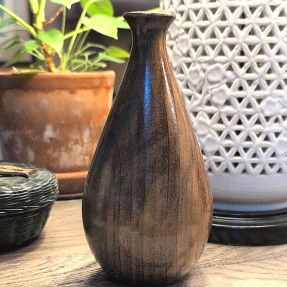 Hand Crafted Elegant Brown Wooden Vase With Green Accents - Picture 2 of 9